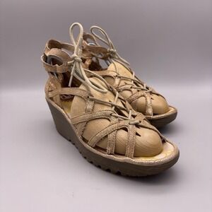 Fly London Sandals Womens Size 8 Gold Gladiator Lace Up Wedge Comfort Shoes